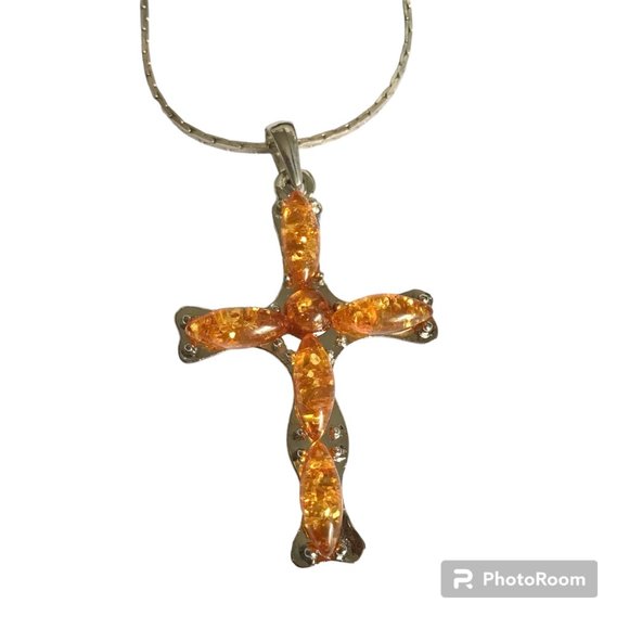 Vintage Honey Amber Cross Pendant Necklace Silver Plated Simulated Acrylic 24" - Picture 1 of 11